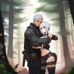 A high-quality digital art image showing Yu Ijin, a mercenary enlistee, lovingly embracing a curvy girl around her waist