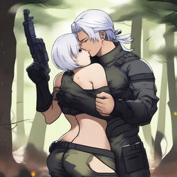 A high-quality digital art image showing Yu Ijin, a mercenary enlistee, lovingly embracing a curvy girl around her waist