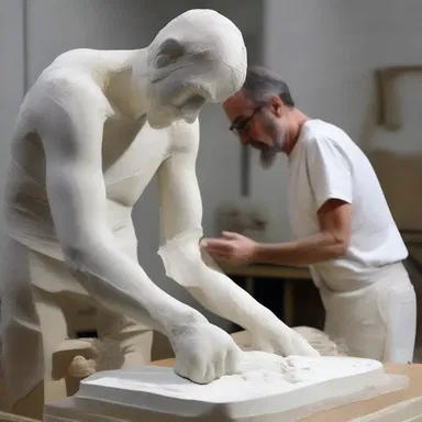 The animated show depicted an artist working on a sculpture using plaster as the main material.