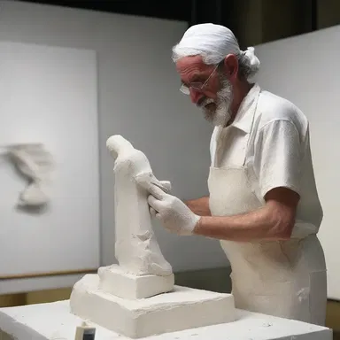 The animated show depicted an artist working on a sculpture using plaster as the main material.