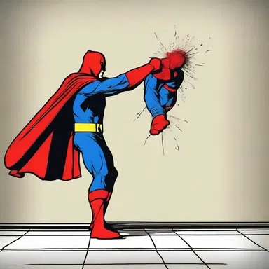The superhero plastered the villain against the wall with a punch.