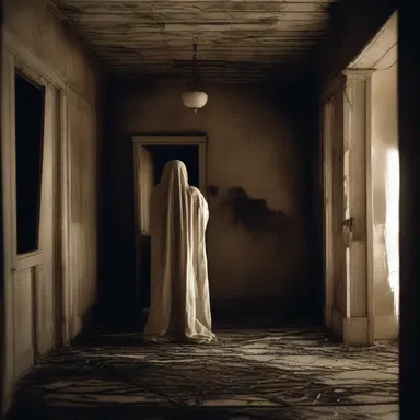 In the horror movie, the protagonist went to a haunted house where the walls were plastered with pictures of ghosts and monsters.