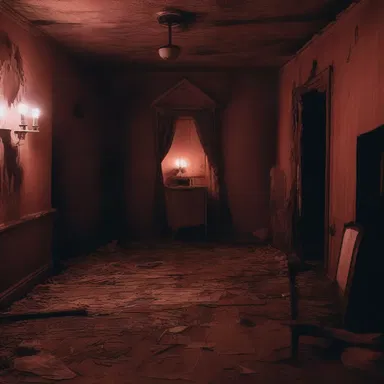 The haunted house was plastered with eerie decorations to create the perfect atmosphere for a horror movie.
