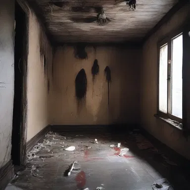 The haunted house was plastered with eerie decorations to create the perfect atmosphere for a horror movie.
