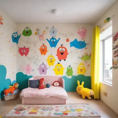 The walls of the children's bedroom were plastered with colorful cartoon characters.