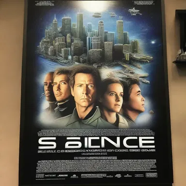 The movie theater showcased a poster plastered with images from the latest science fiction film.