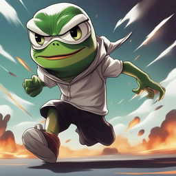 This high-quality digital art piece portrays Pepe the Frog in an intense manga scene