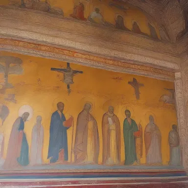 The church walls were beautifully plastered with intricate religious murals.