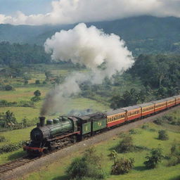 A vintage image showcasing traditional steam trains from Indonesia, set against a scenic countryside backdrop.