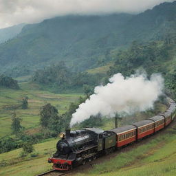 A vintage image showcasing traditional steam trains from Indonesia, set against a scenic countryside backdrop.