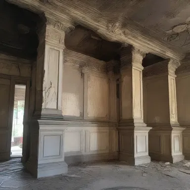 The haunted mansion had walls covered in decaying plaster, adding to the eerie atmosphere.