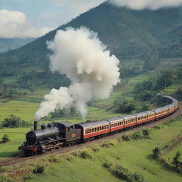 A vintage image showcasing traditional steam trains from Indonesia, set against a scenic countryside backdrop.