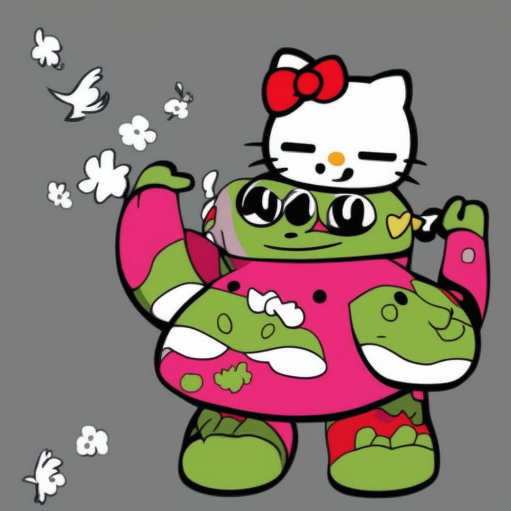 A high-quality digital art image featuring a unique fusion of Hello Kitty and Pepe