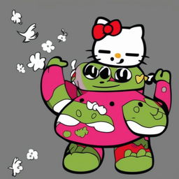 A high-quality digital art image featuring a unique fusion of Hello Kitty and Pepe