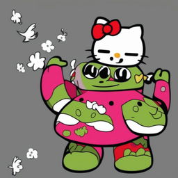 A high-quality digital art image featuring a unique fusion of Hello Kitty and Pepe