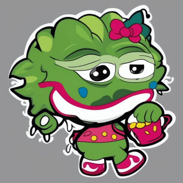 A high-quality digital art image featuring a unique fusion of Hello Kitty and Pepe