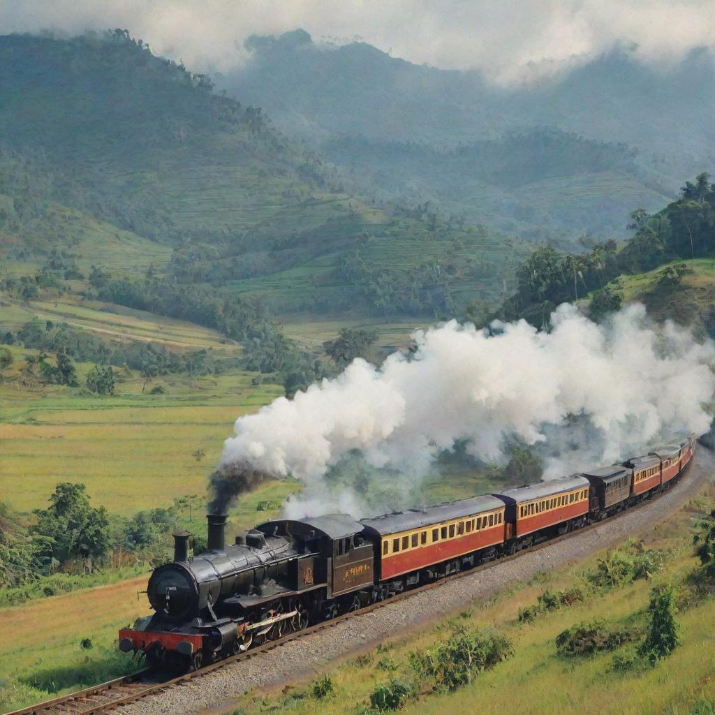 A vintage image showcasing traditional steam trains from Indonesia, set against a scenic countryside backdrop.