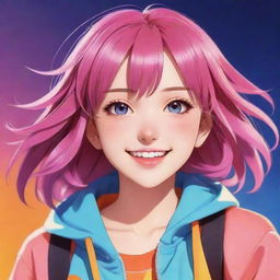 Anime style girl character with vibrant colors, radiant eyes, and stylishly designed attire looking cheerful and full of energy.