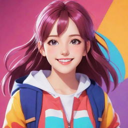 Anime style girl character with vibrant colors, radiant eyes, and stylishly designed attire looking cheerful and full of energy.