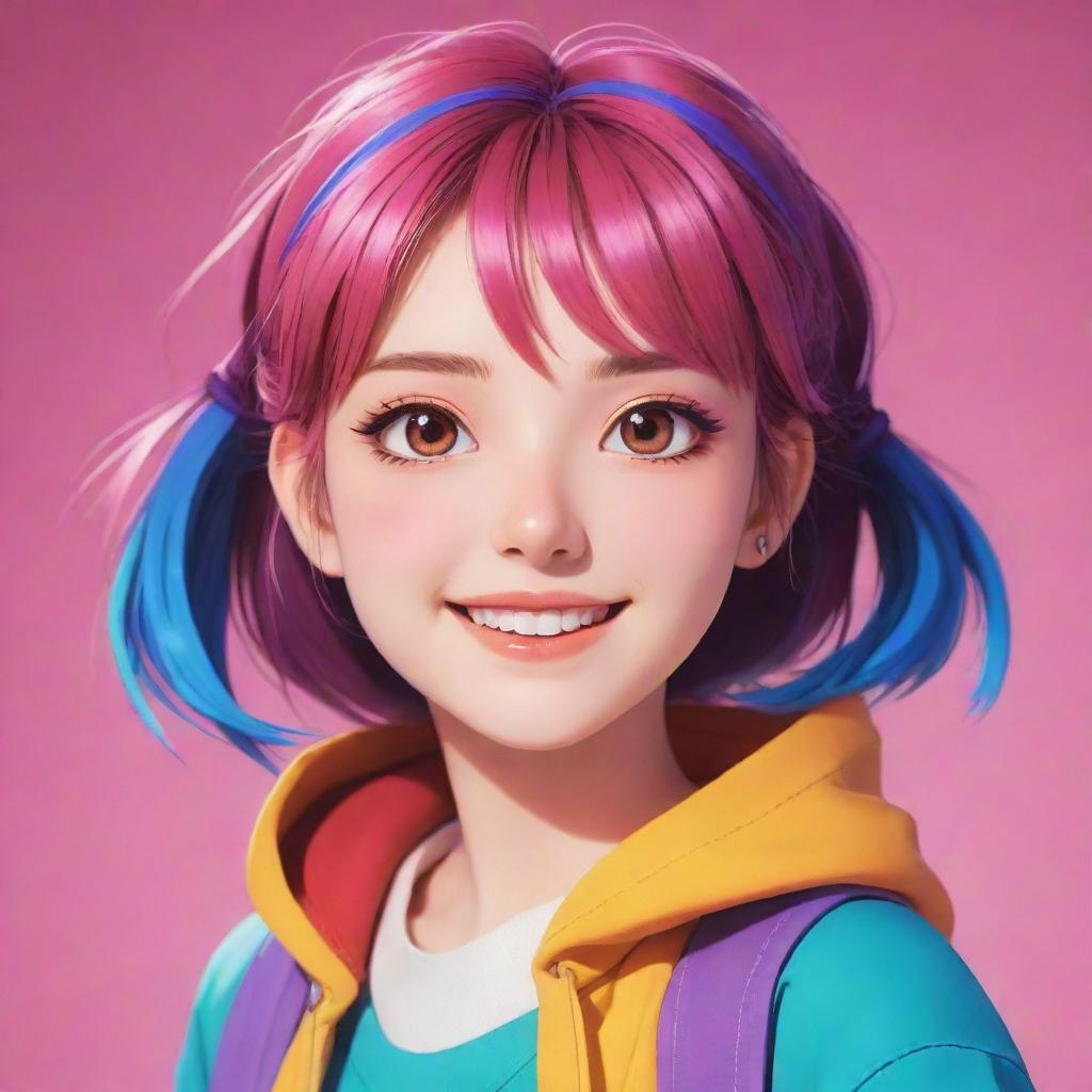 Anime style girl character with vibrant colors, radiant eyes, and stylishly designed attire looking cheerful and full of energy.