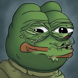 A high-quality digital art piece of Pepe the Frog depicted as a 'Doomer', with a melancholic expression, darker color palette, and gloomy atmosphere