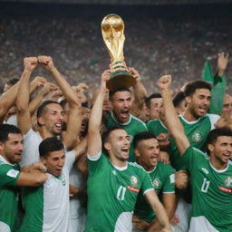 The Algerian national football team rejoicing in victory after winning the world cup, lifting the golden trophy high in a stadium filled with enthusiastic fans.