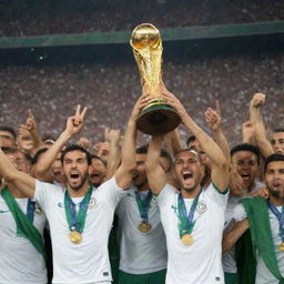 The Algerian national football team rejoicing in victory after winning the world cup, lifting the golden trophy high in a stadium filled with enthusiastic fans.