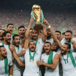 The Algerian national football team rejoicing in victory after winning the world cup, lifting the golden trophy high in a stadium filled with enthusiastic fans.