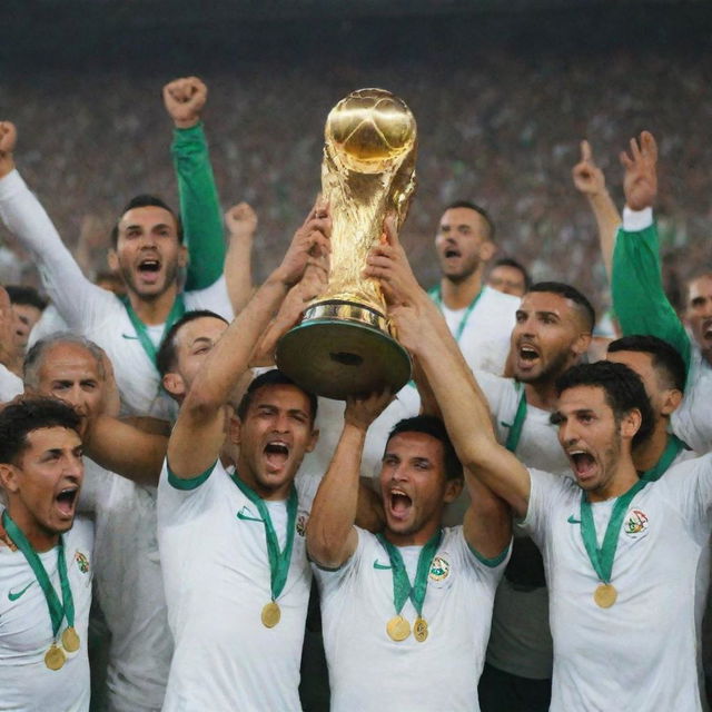 The Algerian national football team rejoicing in victory after winning the world cup, lifting the golden trophy high in a stadium filled with enthusiastic fans.