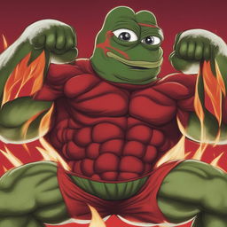 A high-quality digital art piece showcasing Pepe the Frog transformed into a massive bodybuilder, displaying an expression of rage against a fiery red background