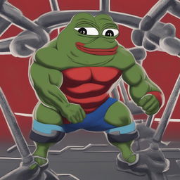 A high-quality digital art piece showcasing Pepe the Frog transformed into a massive bodybuilder, displaying an expression of rage against a fiery red background