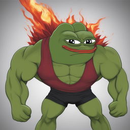 A high-quality digital art piece showcasing Pepe the Frog transformed into a massive bodybuilder, displaying an expression of rage against a fiery red background