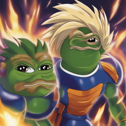 A high-quality digital art piece that combines Pepe the Frog with Vegeta from Dragonball, featuring Vegeta's spiky Super Saiyan hair and battle armor, set against a background reminiscent of energy blasts