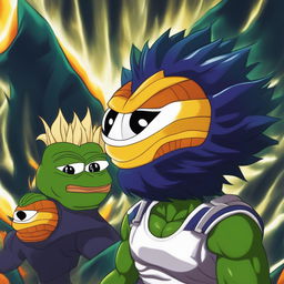 A high-quality digital art piece that combines Pepe the Frog with Vegeta from Dragonball, featuring Vegeta's spiky Super Saiyan hair and battle armor, set against a background reminiscent of energy blasts