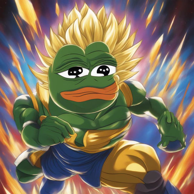 A high-quality digital art piece that combines Pepe the Frog with Vegeta from Dragonball, featuring Vegeta's spiky Super Saiyan hair and battle armor, set against a background reminiscent of energy blasts