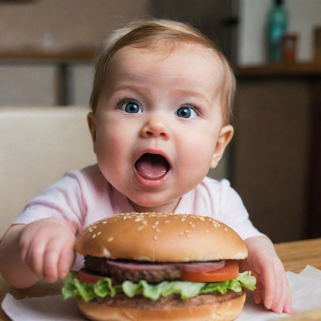 A cute, rosy-cheeked baby surreptitiously reaching for a juicy, oversized burger with wide-eyed curiosity