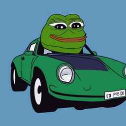 A high-quality digital art piece depicting Pepe the Frog as a vibrant green Porsche 911 with a comedic 'derp' expression, set against a simple blue gradient background