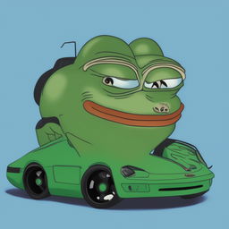 A high-quality digital art piece depicting Pepe the Frog as a vibrant green Porsche 911 with a comedic 'derp' expression, set against a simple blue gradient background