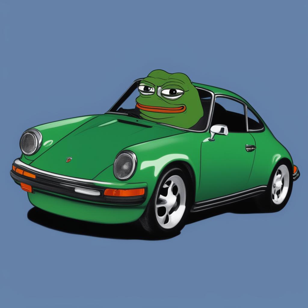 A high-quality digital art piece depicting Pepe the Frog as a vibrant green Porsche 911 with a comedic 'derp' expression, set against a simple blue gradient background