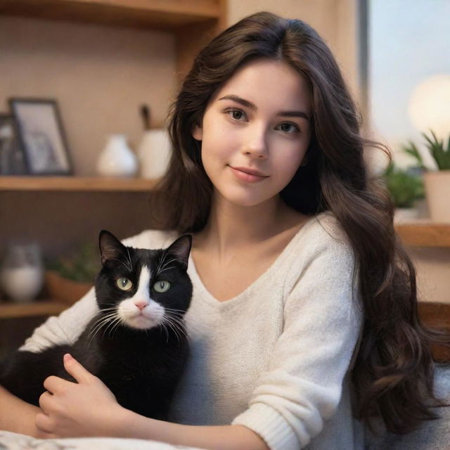 Disney Pixar style image of a charming brunette girl with her black and white cat, both creating a cozy and warm atmosphere