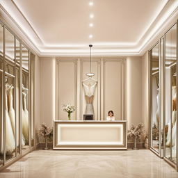 Customer reception office for wedding dress store, 3.77m x 3.5m, featuring a waiting area and walls adorned with classic frames and central lighting.