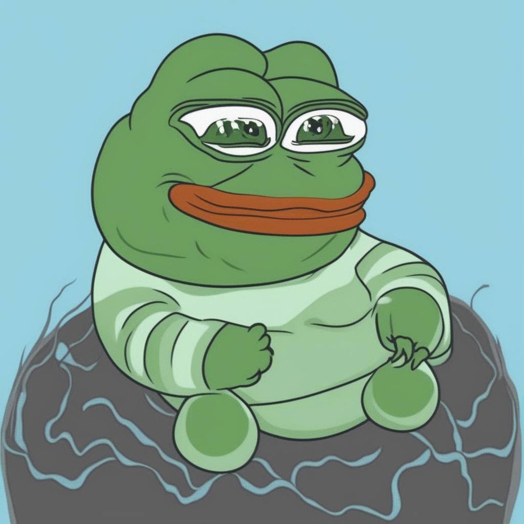 A high-quality digital art piece showcasing an obese and 'smelly' version of Pepe the Frog, with green wavy lines emanating from his body against a simple light blue background