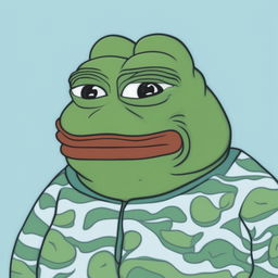 A high-quality digital art piece showcasing an obese and 'smelly' version of Pepe the Frog, with green wavy lines emanating from his body against a simple light blue background