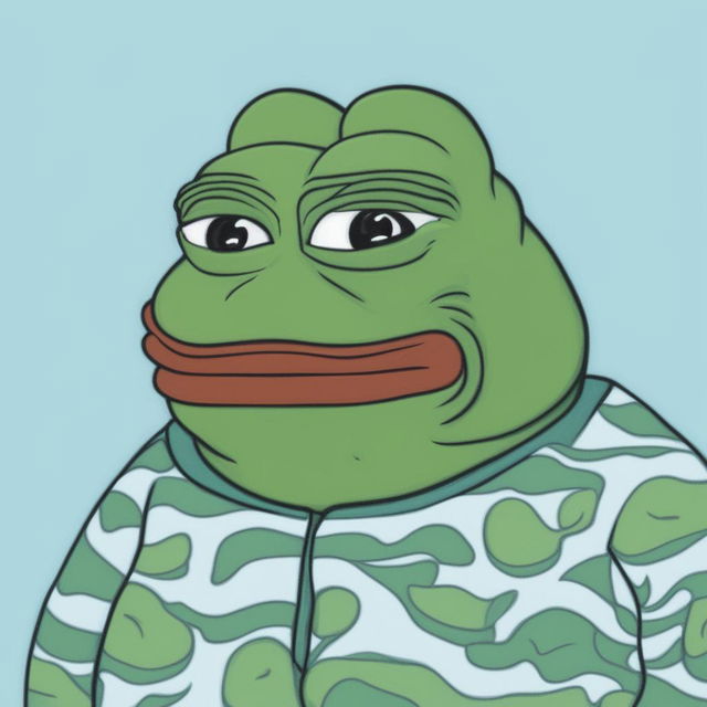 A high-quality digital art piece showcasing an obese and 'smelly' version of Pepe the Frog, with green wavy lines emanating from his body against a simple light blue background