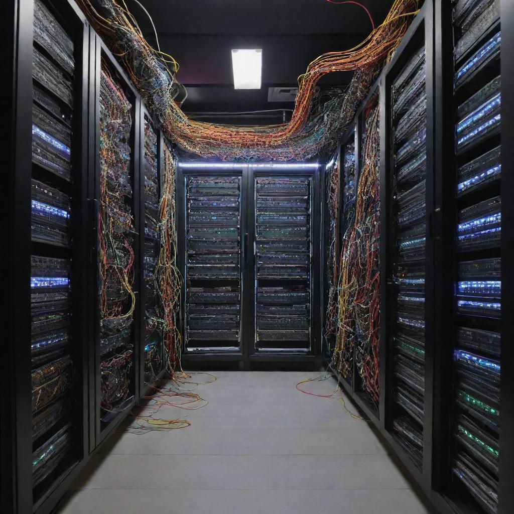 An advanced and complex internet provider machine, filled with blinking lights and a labyrinth of wires, situated in a high-tech server room.