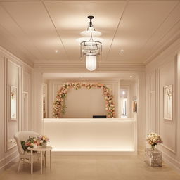 Customer reception office for wedding dress store, 3.77m x 3.5m, featuring a waiting area and walls adorned with classic frames and central lighting.