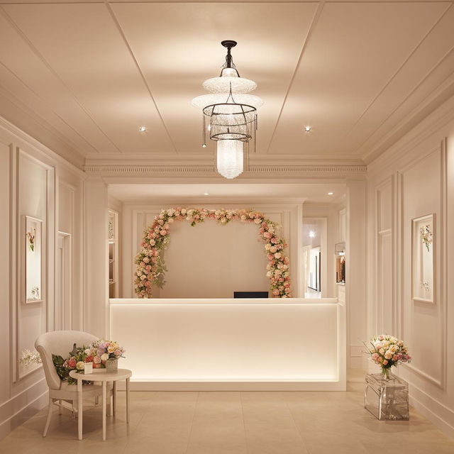 Customer reception office for wedding dress store, 3.77m x 3.5m, featuring a waiting area and walls adorned with classic frames and central lighting.