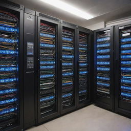 An advanced and complex internet provider machine, filled with blinking lights and a labyrinth of wires, situated in a high-tech server room.