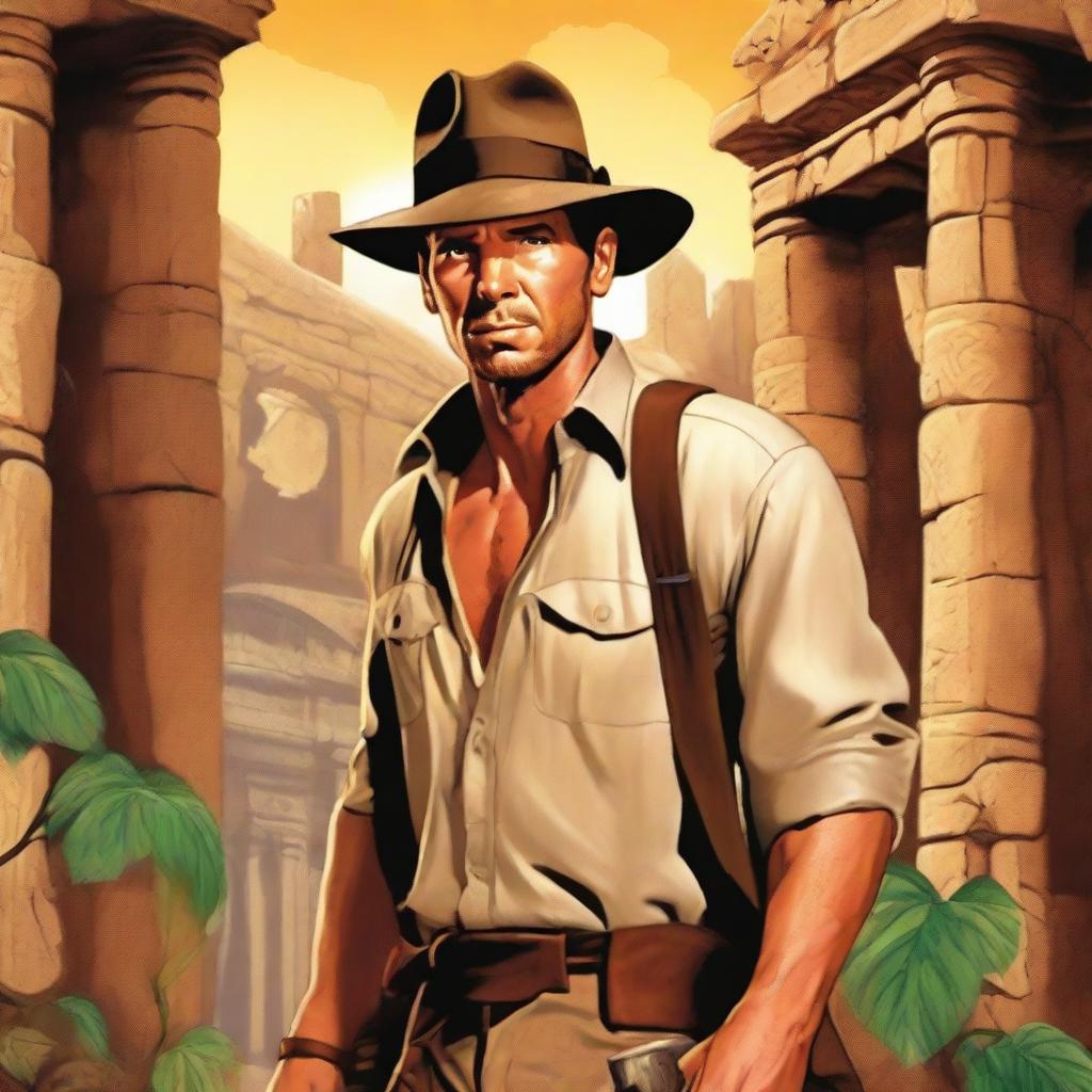 A high-resolution digital art piece showing a character in the style of Indiana Jones, named Quinn Carter