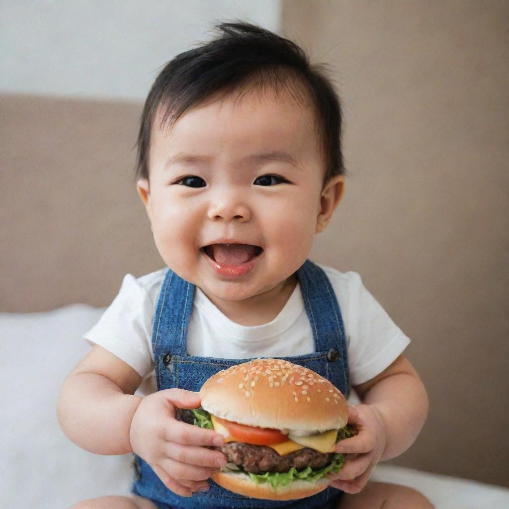 A cute baby named Ning joyfully holding a delicious looking burger.